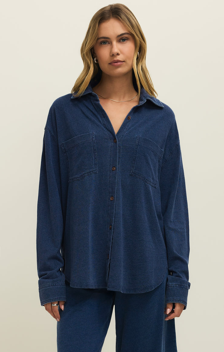Reese Jersey Denim Button Up