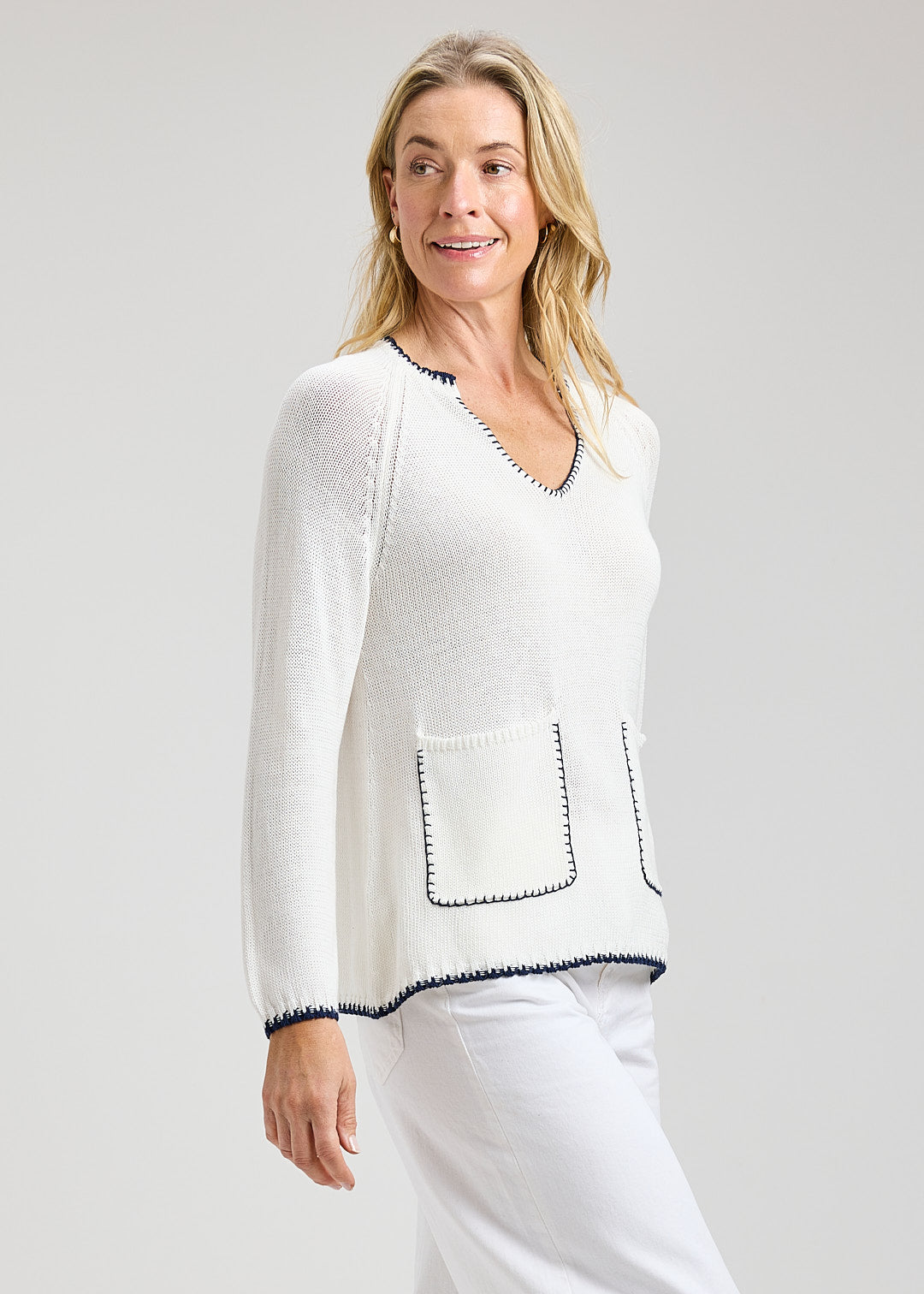 Capri Whipstitch Sweater- WHITE