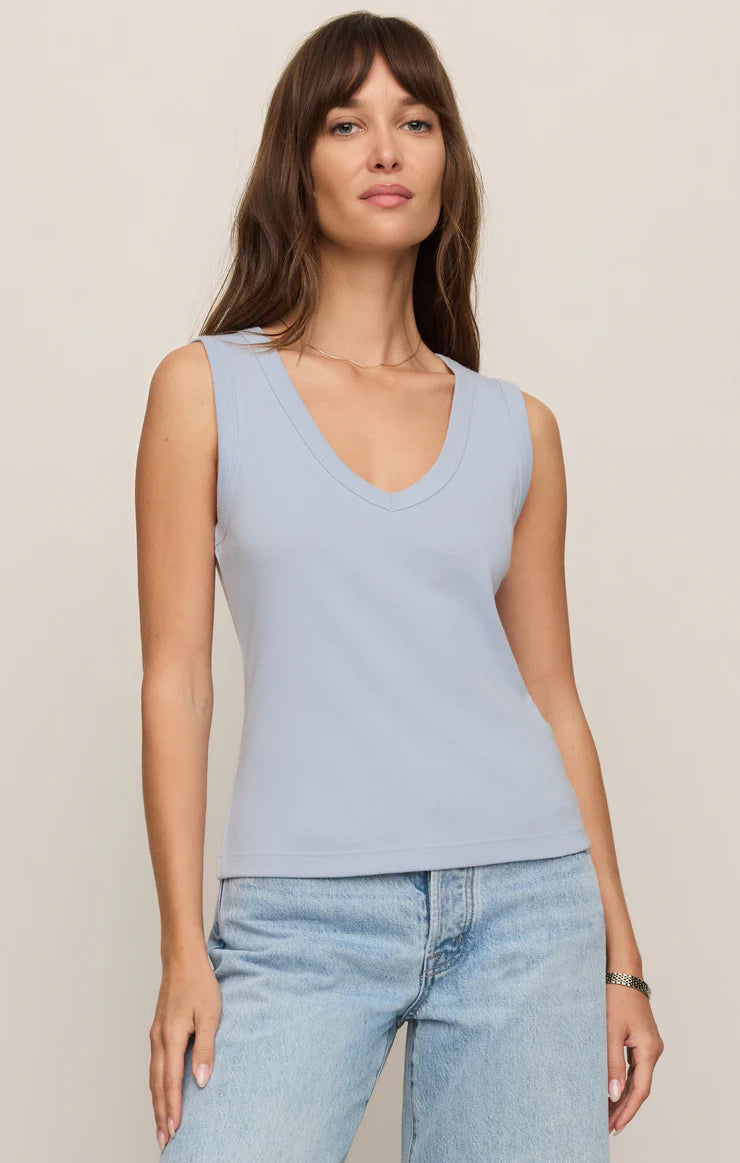 Ellie Rib V-Neck Tank- SKYLINE